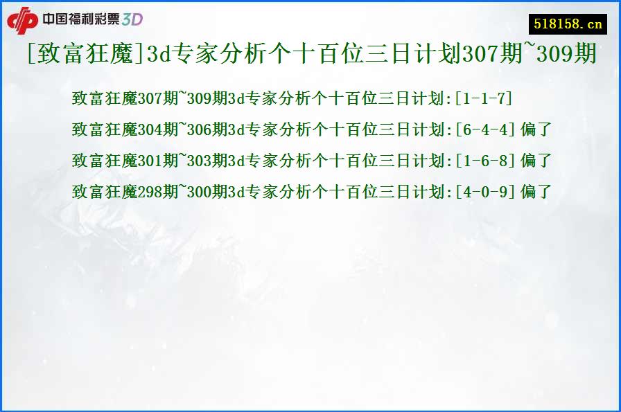 [致富狂魔]3d专家分析个十百位三日计划307期~309期