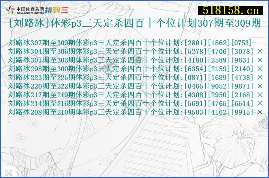 [刘路冰]体彩p3三天定杀四百十个位计划307期至309期