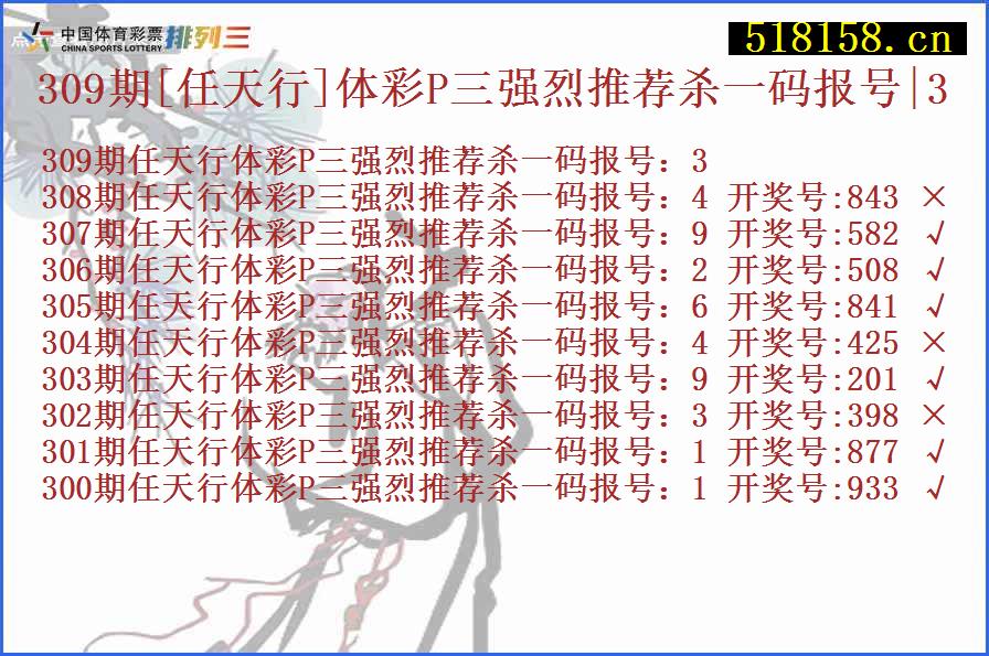 309期[任天行]体彩P三强烈推荐杀一码报号|3