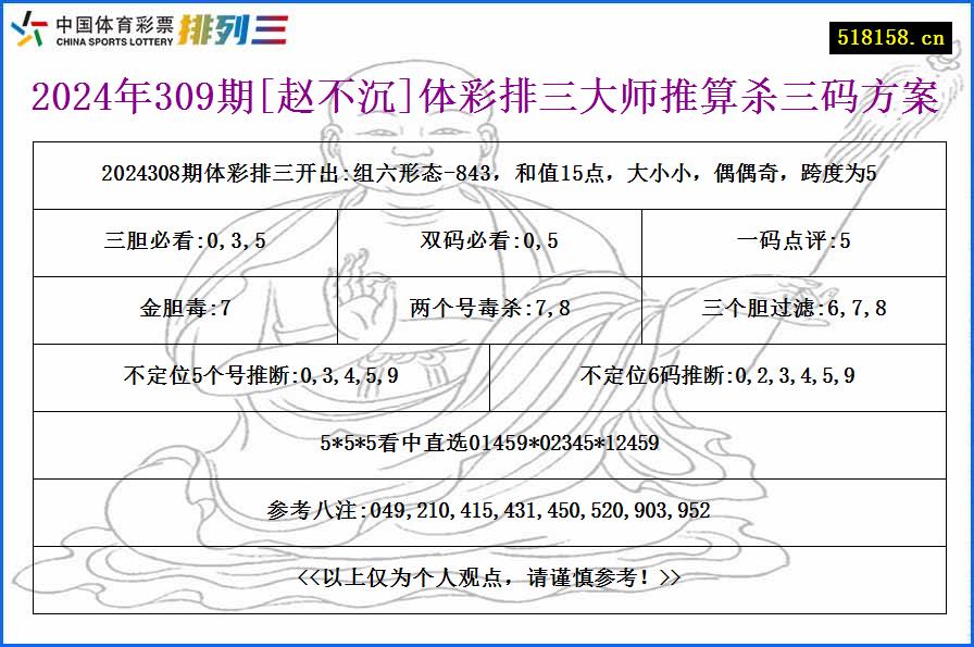 2024年309期[赵不沉]体彩排三大师推算杀三码方案