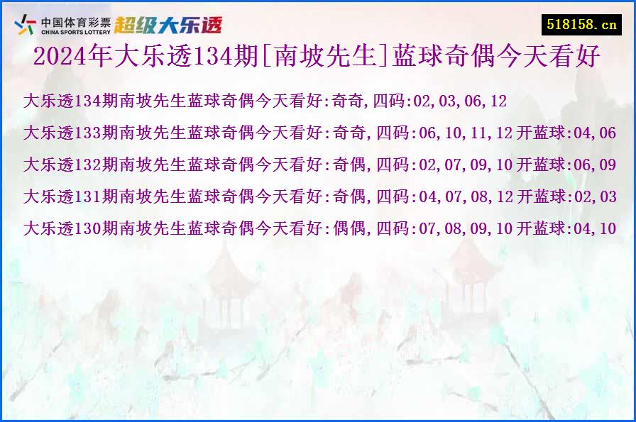 2024年大乐透134期[南坡先生]蓝球奇偶今天看好