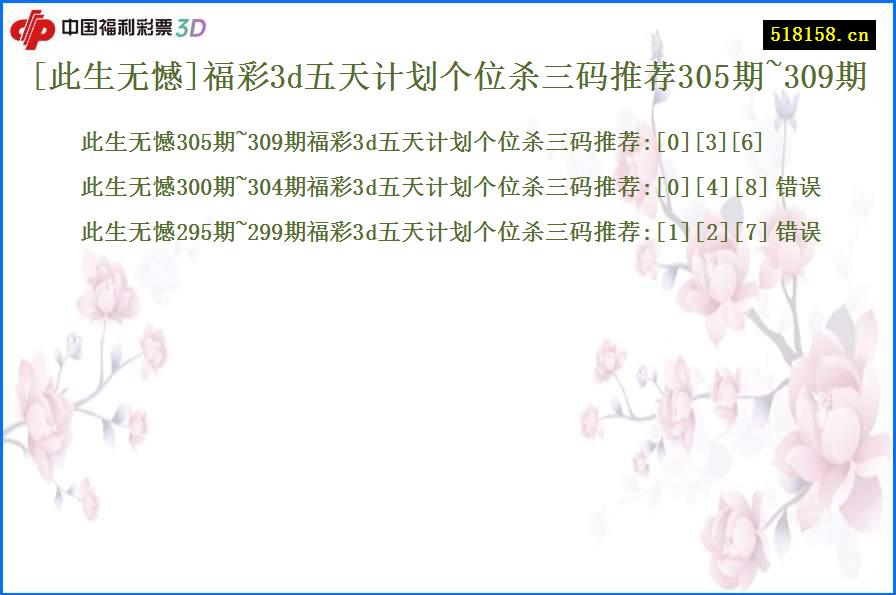 [此生无憾]福彩3d五天计划个位杀三码推荐305期~309期