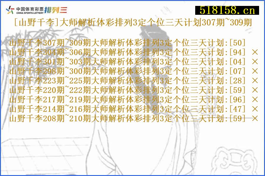 [山野千李]大师解析体彩排列3定个位三天计划307期~309期