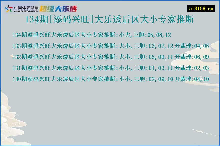 134期[添码兴旺]大乐透后区大小专家推断