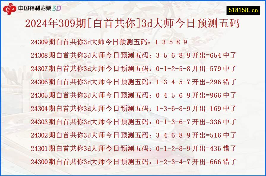 2024年309期[白首共你]3d大师今日预测五码