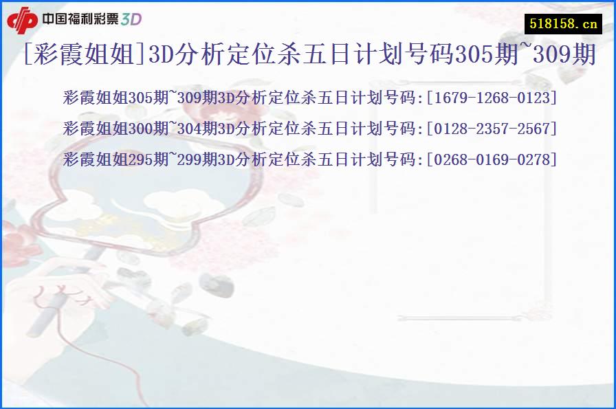 [彩霞姐姐]3D分析定位杀五日计划号码305期~309期