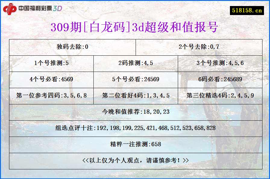 309期[白龙码]3d超级和值报号