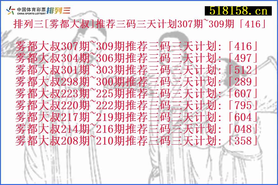 排列三[雾都大叔]推荐三码三天计划307期~309期「416」