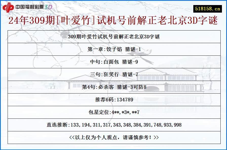 24年309期[叶爱竹]试机号前解正老北京3D字谜