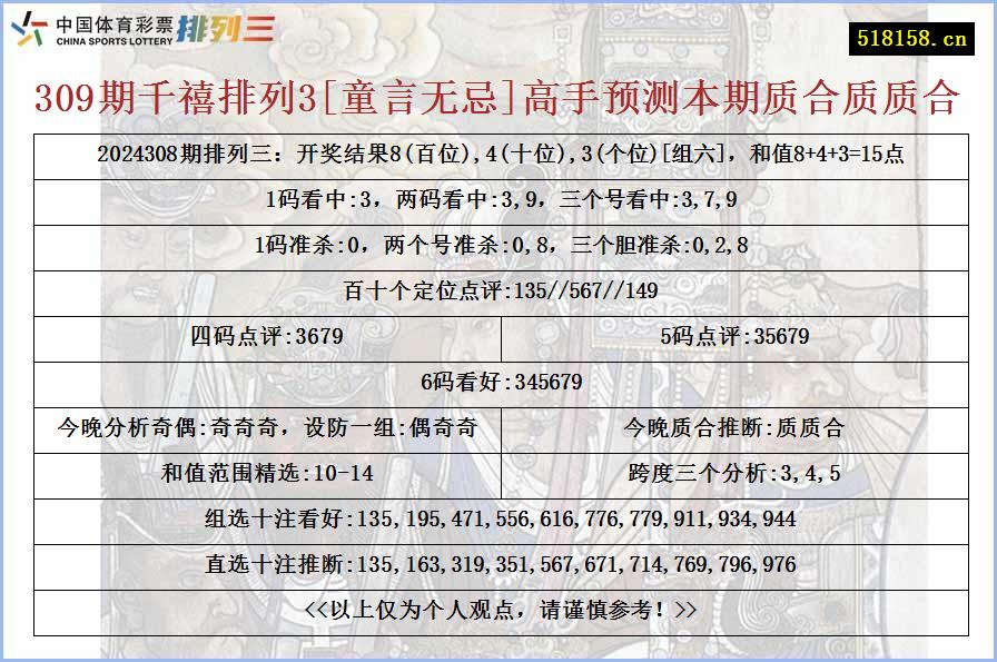 309期千禧排列3[童言无忌]高手预测本期质合质质合