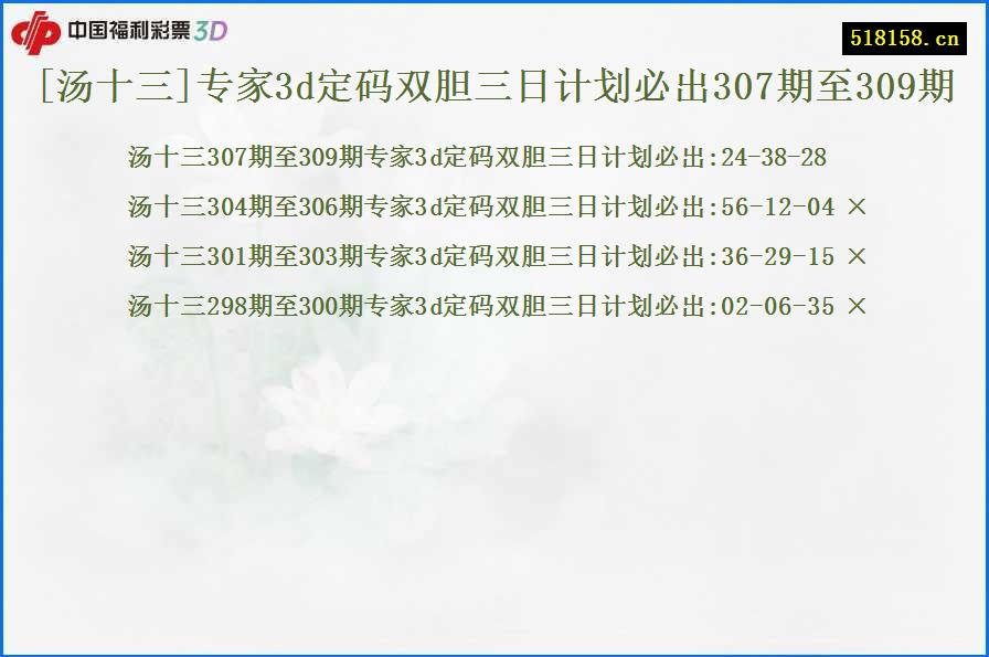 [汤十三]专家3d定码双胆三日计划必出307期至309期
