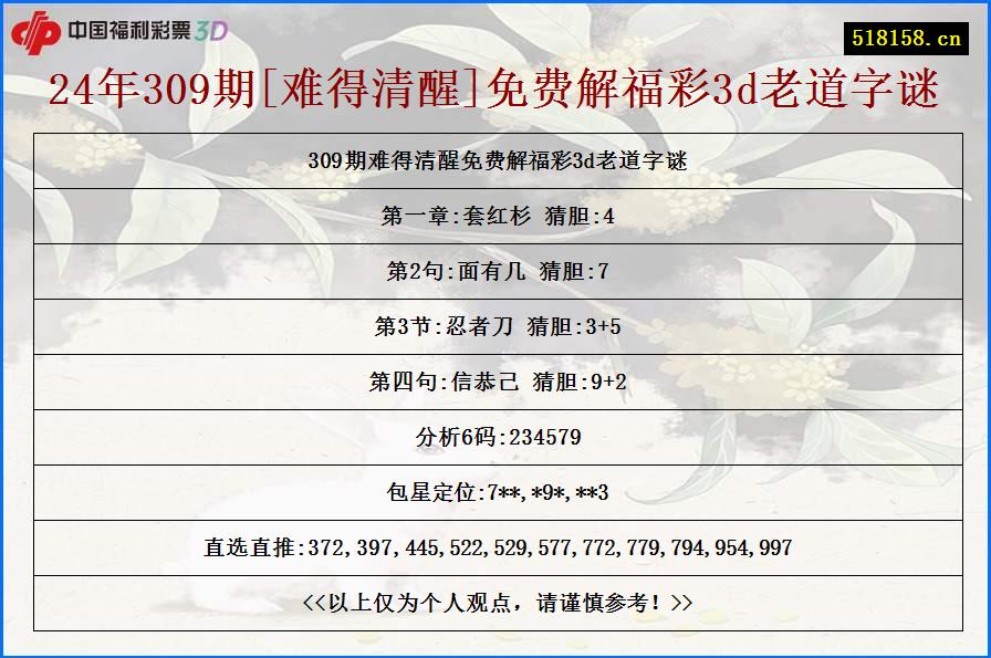 24年309期[难得清醒]免费解福彩3d老道字谜