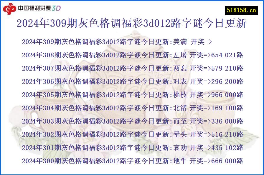 2024年309期灰色格调福彩3d012路字谜今日更新