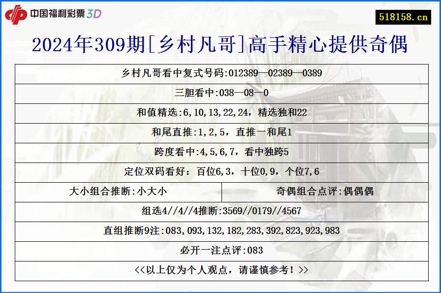 2024年309期[乡村凡哥]高手精心提供奇偶