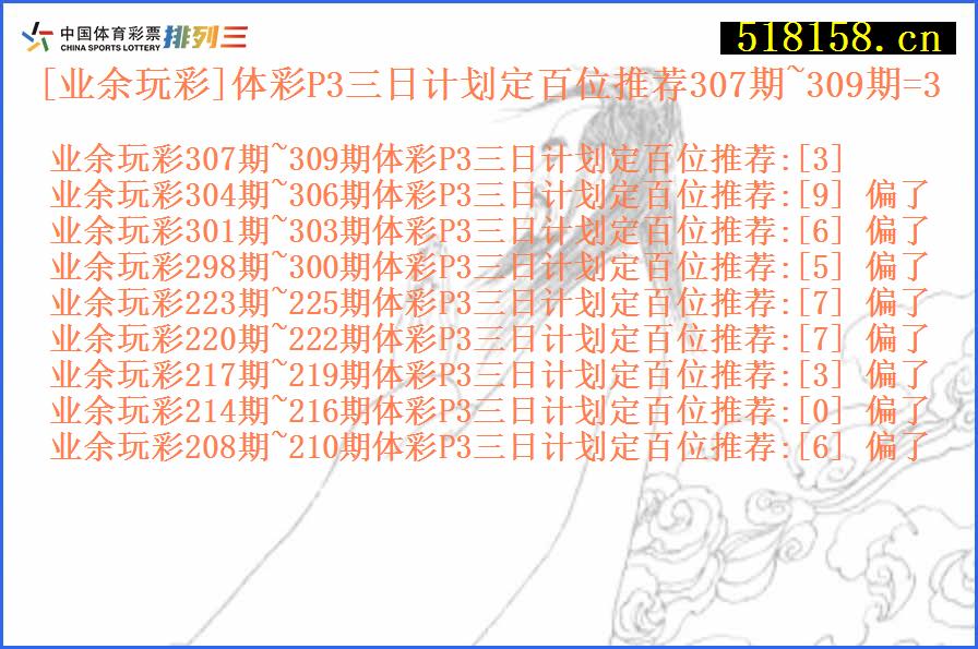 [业余玩彩]体彩P3三日计划定百位推荐307期~309期=3