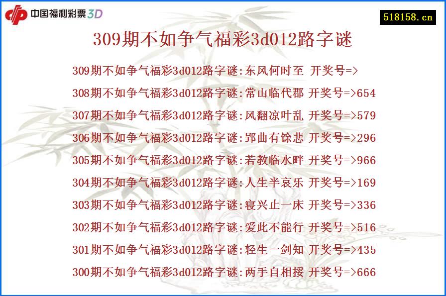 309期不如争气福彩3d012路字谜