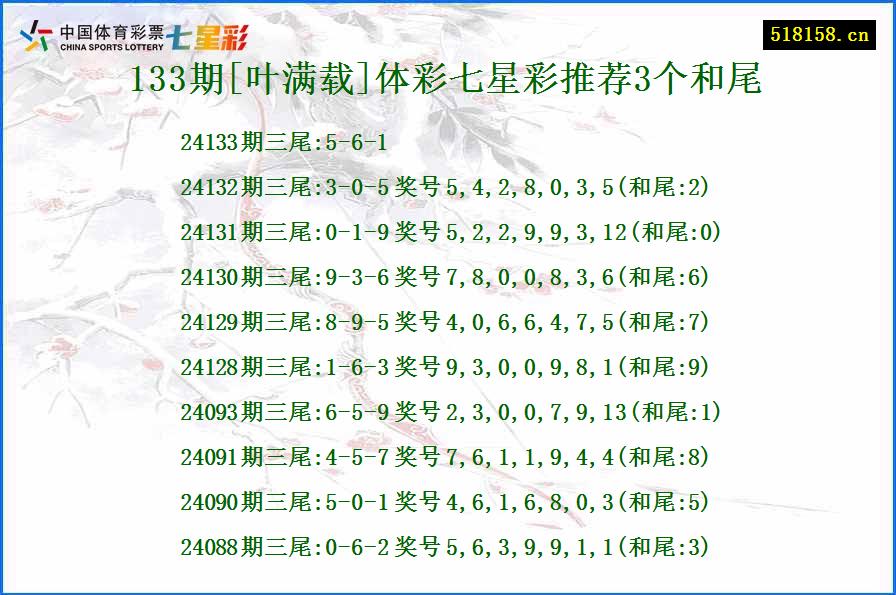 133期[叶满载]体彩七星彩推荐3个和尾