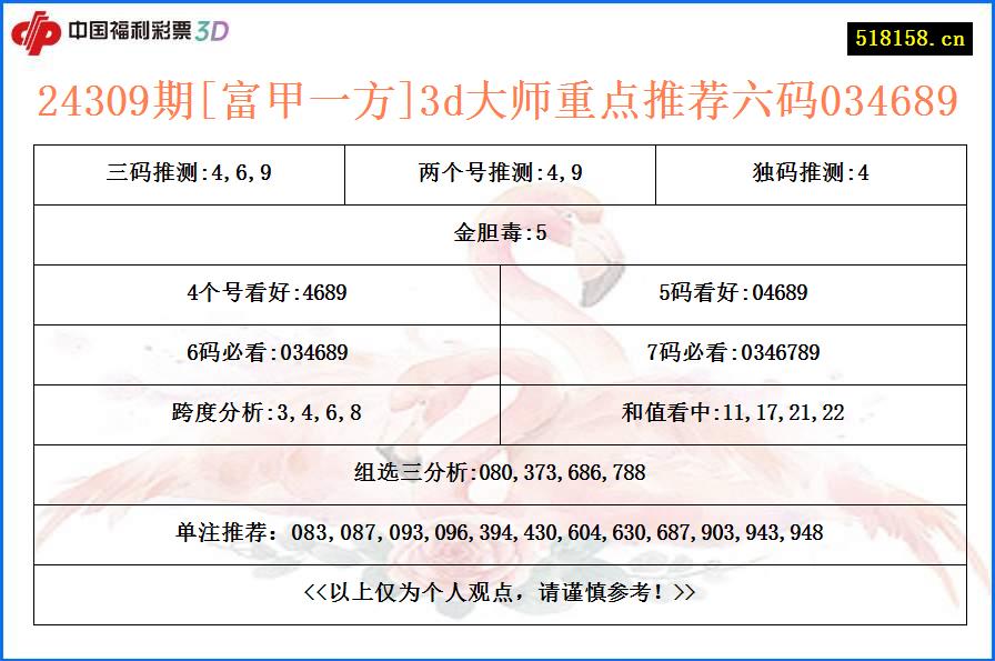 24309期[富甲一方]3d大师重点推荐六码034689