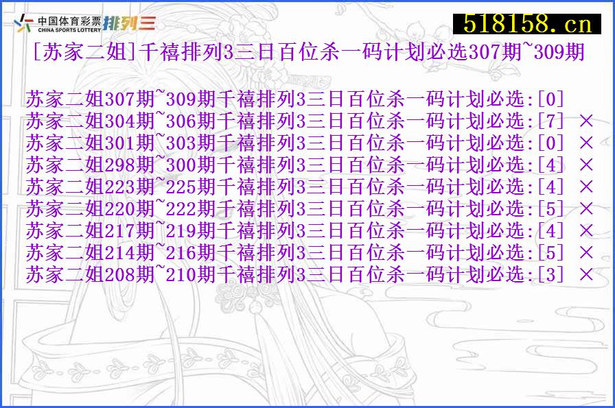 [苏家二姐]千禧排列3三日百位杀一码计划必选307期~309期