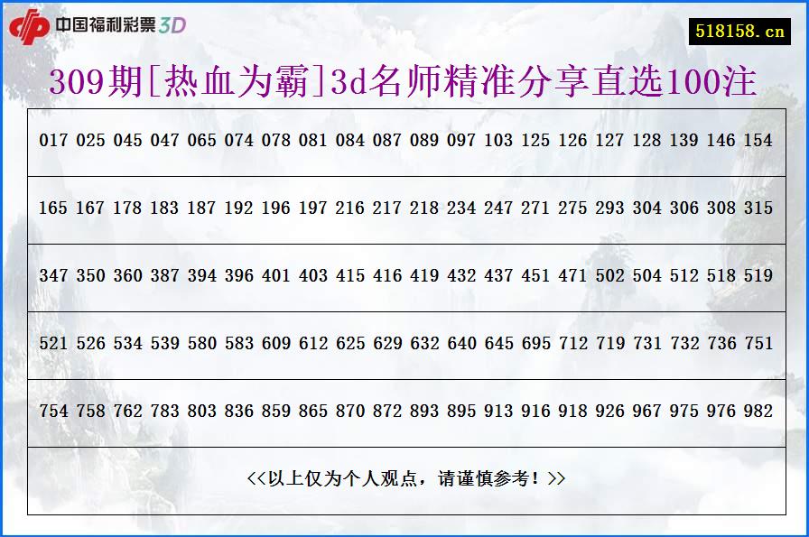 309期[热血为霸]3d名师精准分享直选100注