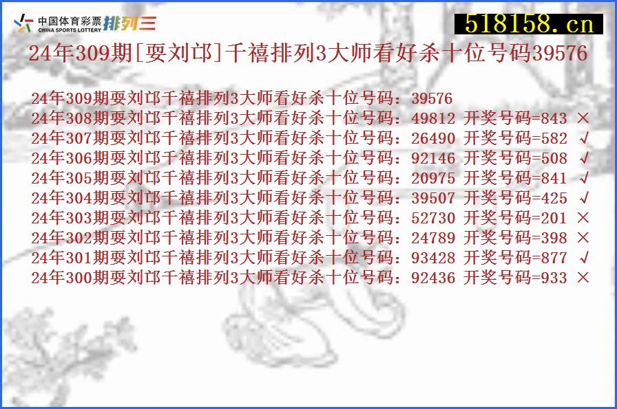 24年309期[耍刘邙]千禧排列3大师看好杀十位号码39576