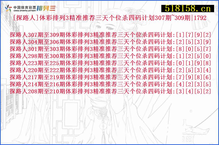 [探路人]体彩排列3精准推荐三天个位杀四码计划307期~309期|1792