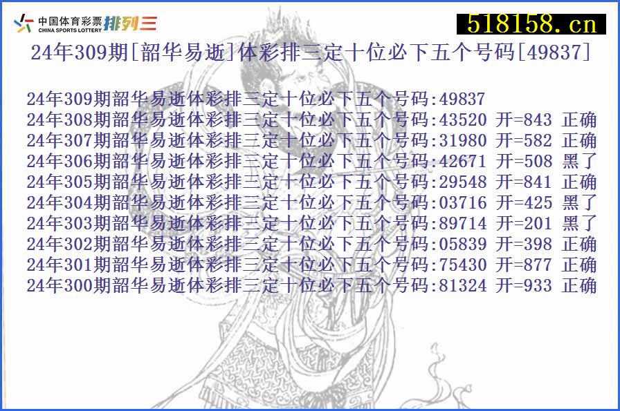 24年309期[韶华易逝]体彩排三定十位必下五个号码[49837]