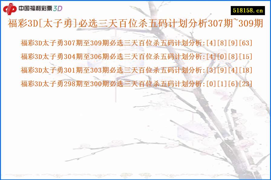 福彩3D[太子勇]必选三天百位杀五码计划分析307期~309期