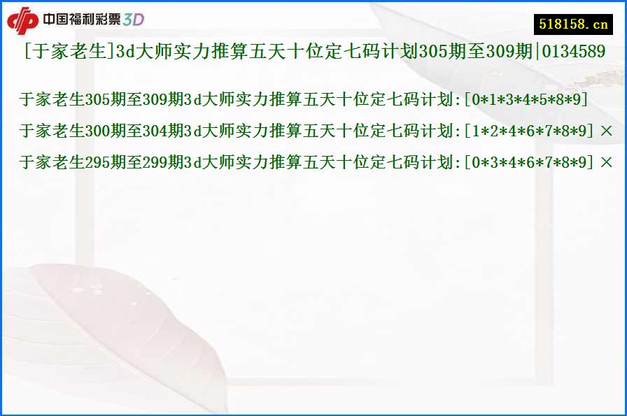 [于家老生]3d大师实力推算五天十位定七码计划305期至309期|0134589