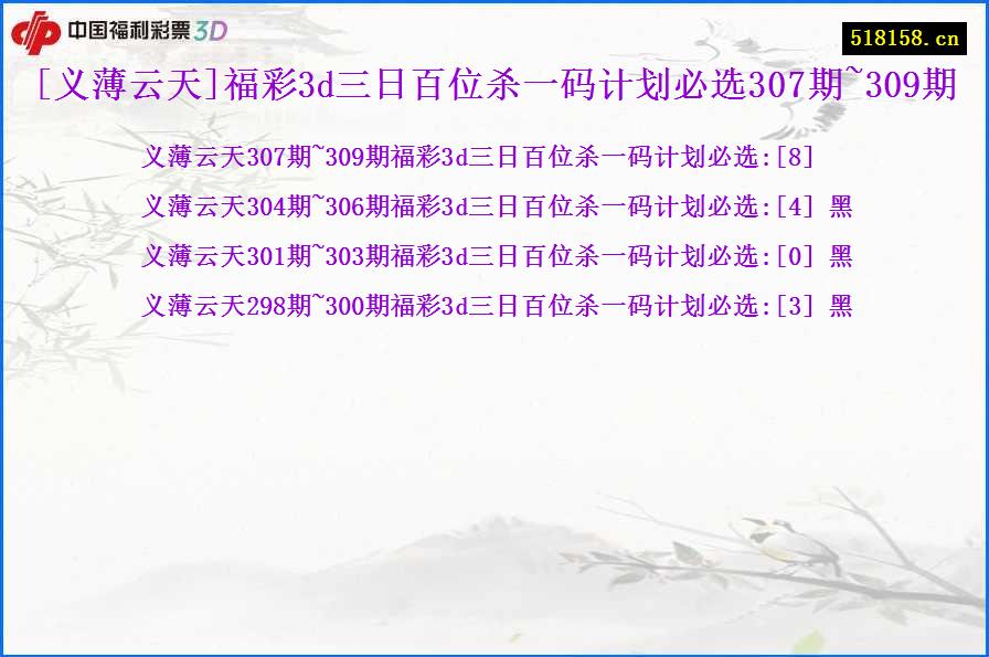 [义薄云天]福彩3d三日百位杀一码计划必选307期~309期