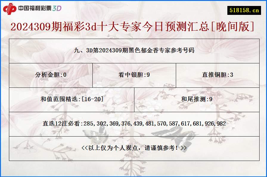 九、3D第2024309期黑色郁金香专家参考号码