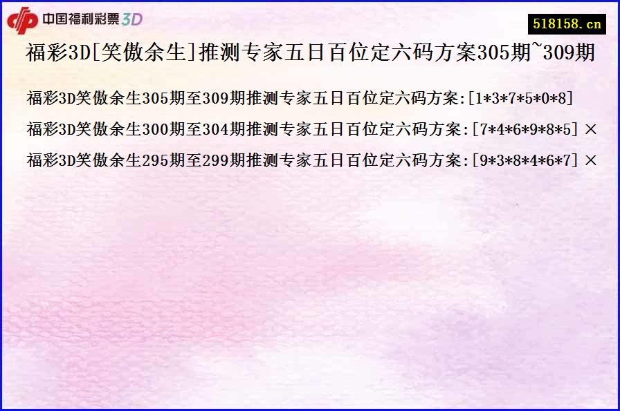 福彩3D[笑傲余生]推测专家五日百位定六码方案305期~309期