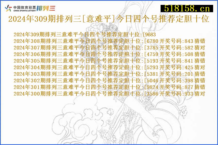 2024年309期排列三[意难平]今日四个号推荐定胆十位