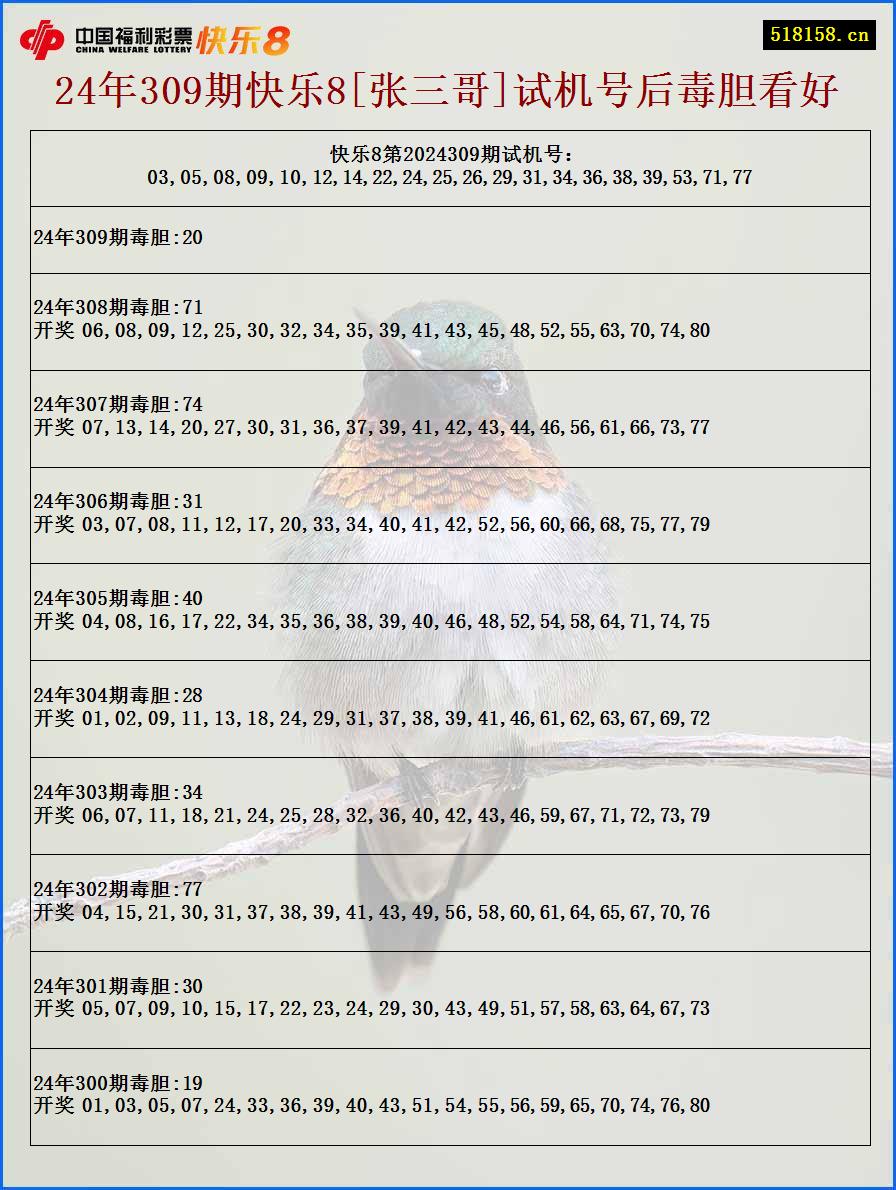 24年309期快乐8[张三哥]试机号后毒胆看好