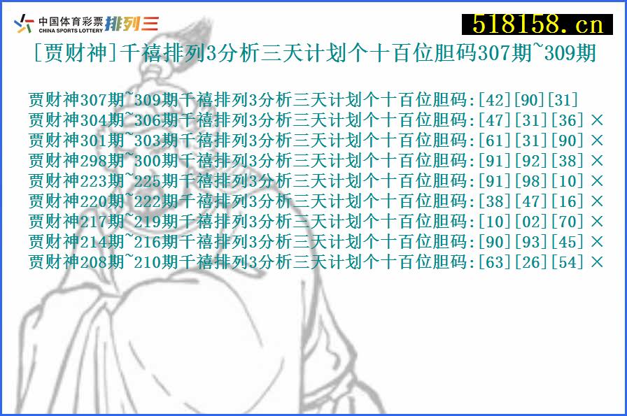 [贾财神]千禧排列3分析三天计划个十百位胆码307期~309期