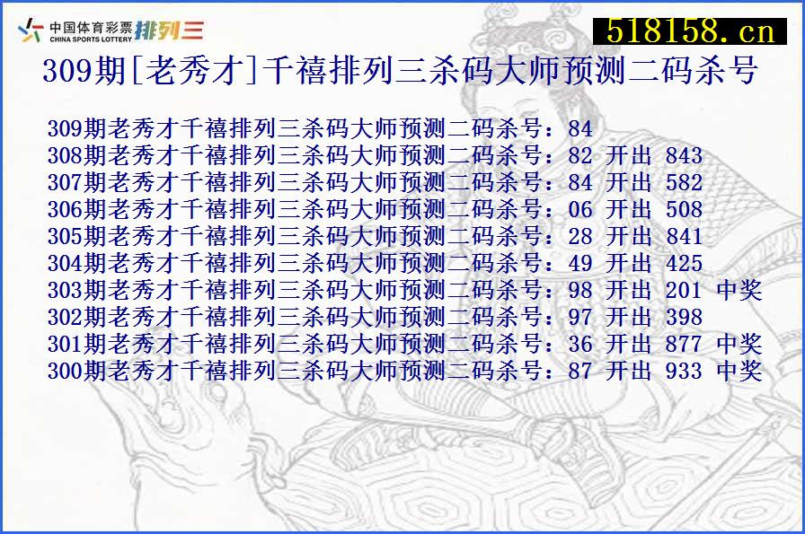 309期[老秀才]千禧排列三杀码大师预测二码杀号