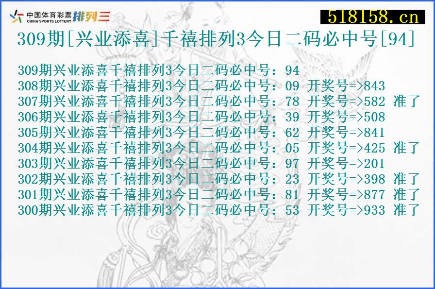 309期[兴业添喜]千禧排列3今日二码必中号[94]