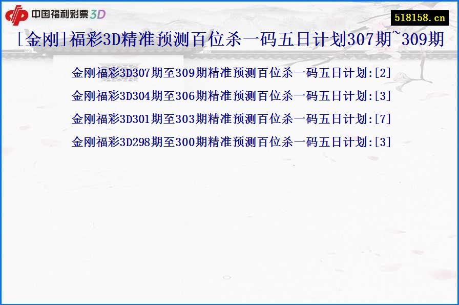 [金刚]福彩3D精准预测百位杀一码五日计划307期~309期