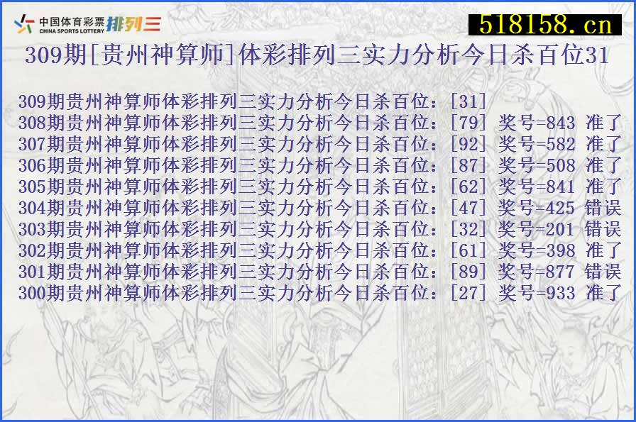 309期[贵州神算师]体彩排列三实力分析今日杀百位31