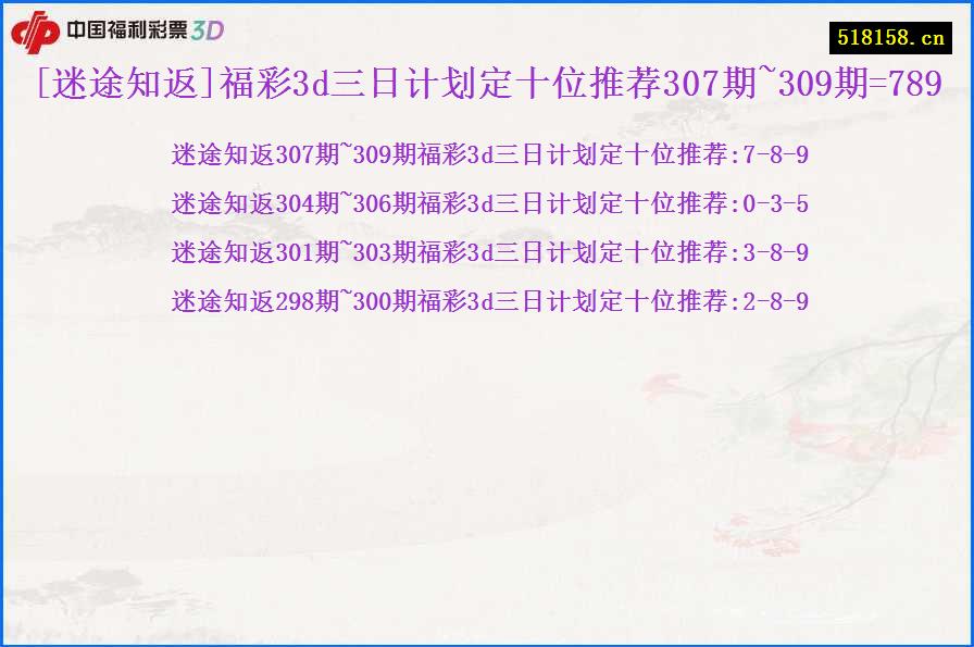 [迷途知返]福彩3d三日计划定十位推荐307期~309期=789