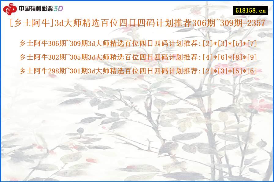 [乡士阿牛]3d大师精选百位四日四码计划推荐306期~309期=2357