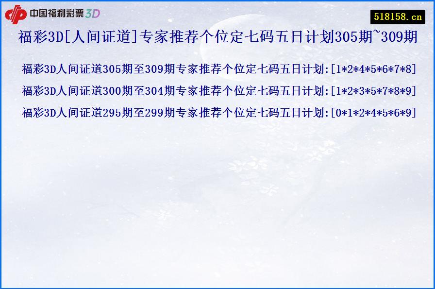 福彩3D[人间证道]专家推荐个位定七码五日计划305期~309期