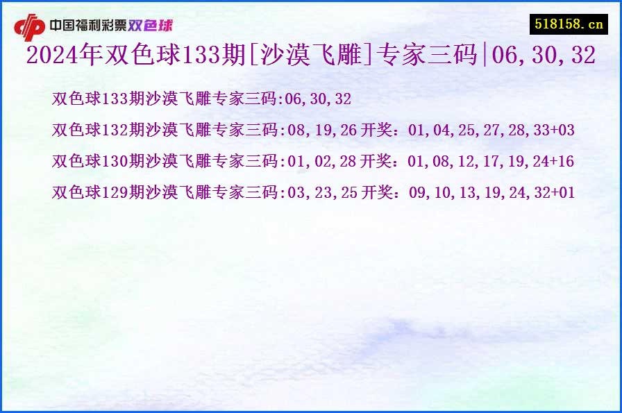 2024年双色球133期[沙漠飞雕]专家三码|06,30,32