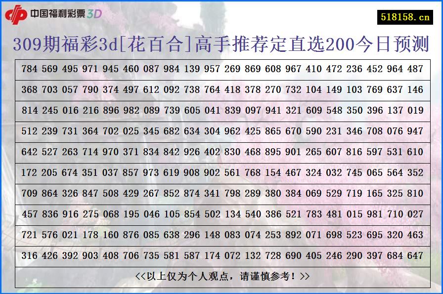 309期福彩3d[花百合]高手推荐定直选200今日预测