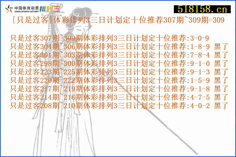 [只是过客]体彩排列3三日计划定十位推荐307期~309期=309