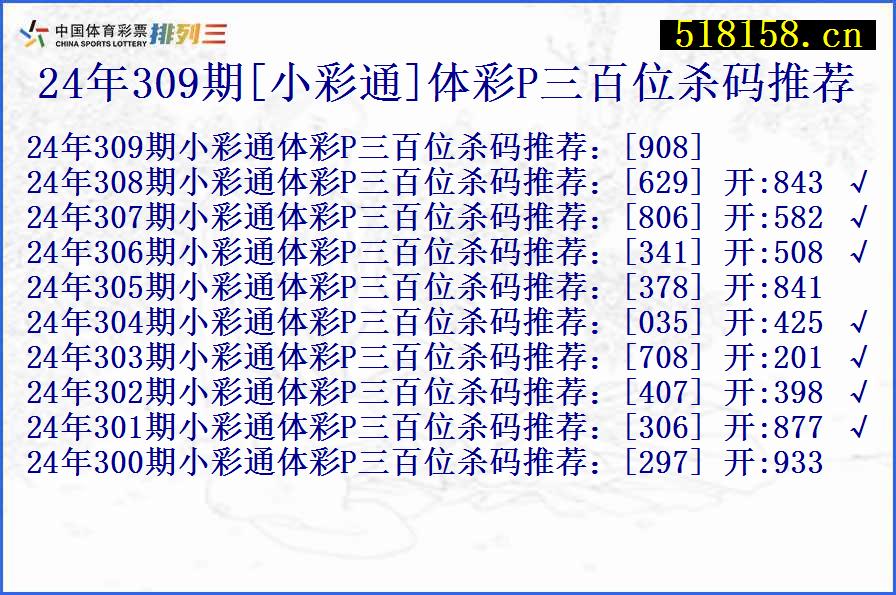 24年309期[小彩通]体彩P三百位杀码推荐