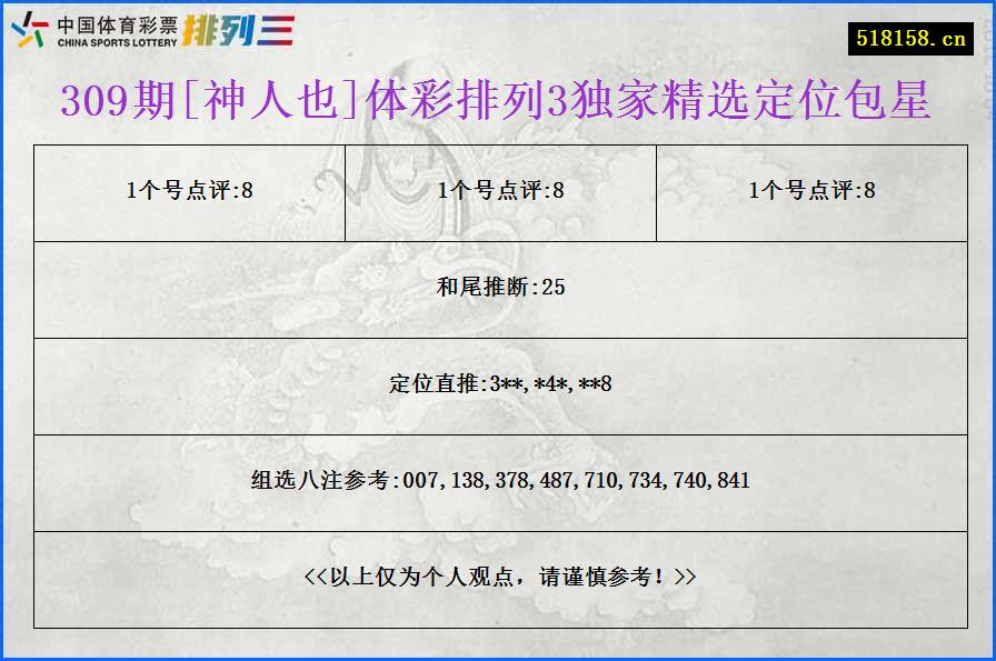 309期[神人也]体彩排列3独家精选定位包星