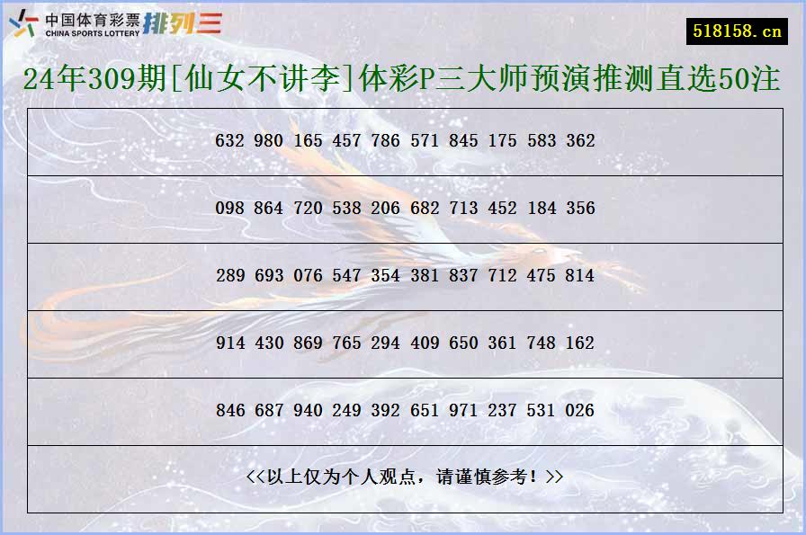 24年309期[仙女不讲李]体彩P三大师预演推测直选50注