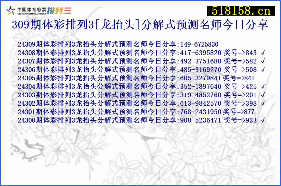 309期体彩排列3[龙抬头]分解式预测名师今日分享