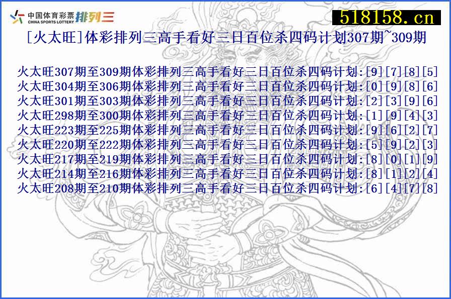 [火太旺]体彩排列三高手看好三日百位杀四码计划307期~309期